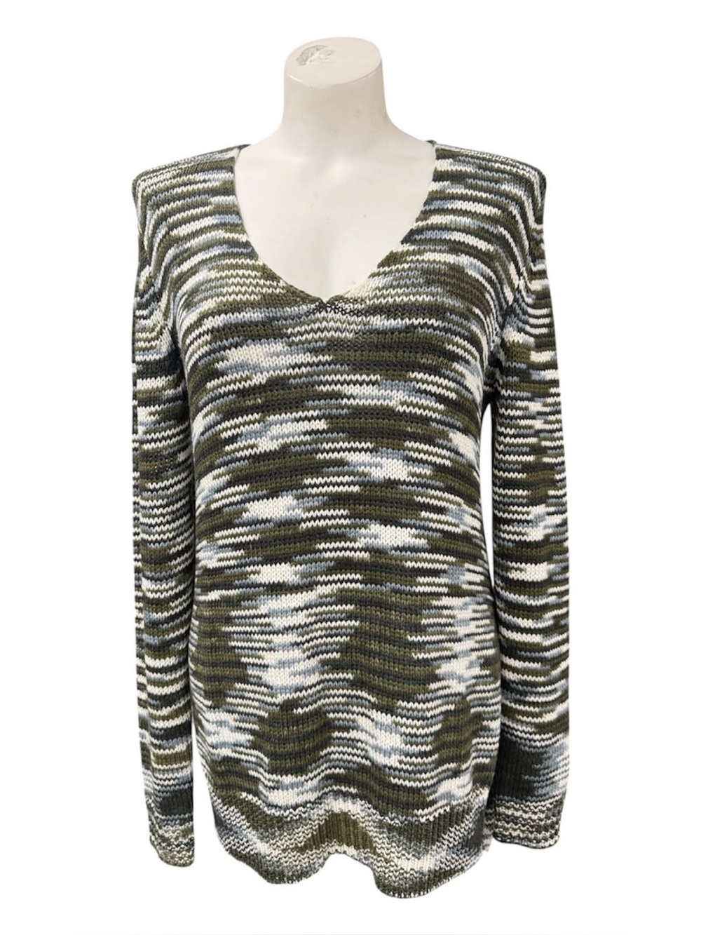 Jacqueline De Yong Olive & White Marled V-Neck Sweater Size S